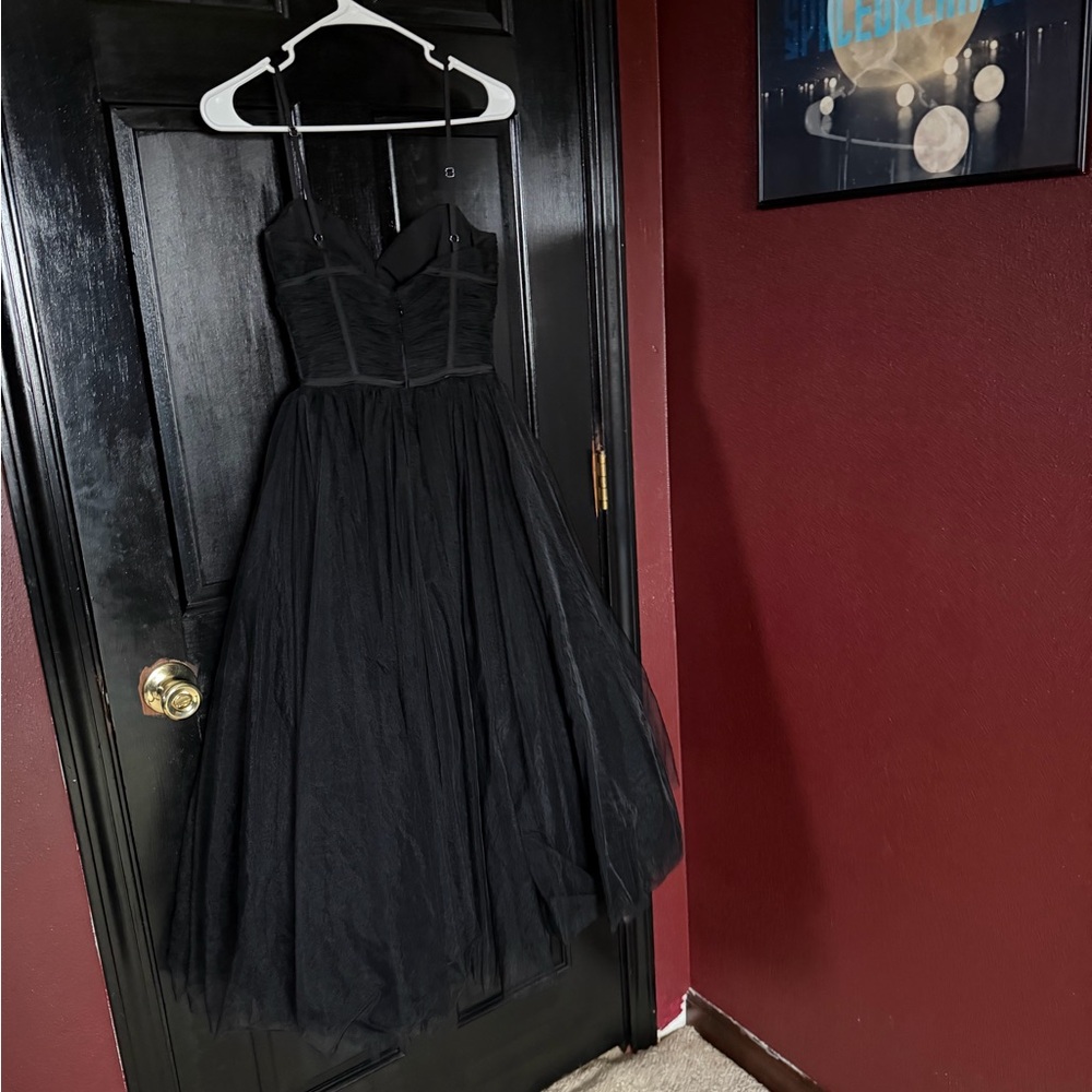 House of CB Black Tulle Midi Dress with Ruched Bust - Picture 5 of 8
